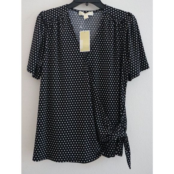 Michael Kors Women's Sz L Black/White Polka Dot Surplice Tie Front Blouse $85 - Picture 1 of 7